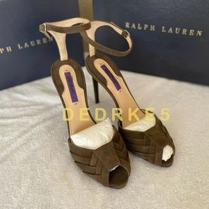 New Ralph Lauren Collection Blamina BROWN SAGE Suede Sandals Heels Shoes 38.5B